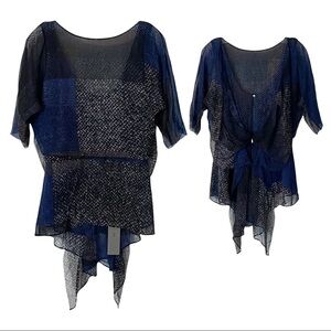 Halston Heritage Chiffon Layered Blue & Black Semi Sheer Flowy Blouse S NWT